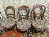 3 VICTORIAN STYLE TAPESTRY UPHOLSTRED CHAIRS. ONE BROKEN