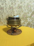 ASSORTED COPPER POTS AND PANS WITH HEATING UNIT