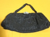 BLACK BEADED PURSE WITH RHINESTONE CLIP