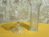 ETCHED CENTERPIECE DISH AND PRESSED GLASS VASE