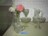 CLEAR GLASS PICTURES, DECANTERS, CANDY DISHES, AND CREAMER