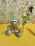PEWTER TEAPOTS, CREAMER, AND VASE