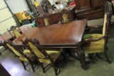LARGE VINTAGE DINING TABLE WITH 2 LEAVES, 6 CARVED VELVET BACK AND SEAT CHA