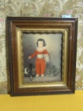 VICTORIAN STYLE BOY WITH CATS AND BIRDS PRINT IN OAK AND GOLD FRAME