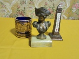 WASHINGTON THERMOMETER, BUST WITH MARBLE BASE. BASE IS CHIPPED, AND BLUE MU