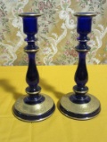 BLUE CANDLESTICKS WITH GOLD TRIM