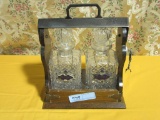 SCOTCH AND WHISKEY DECANTERS WITH WOODEN CARRY CASE THAT LOCKS