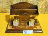 DESK SET WITH INKWELLS AND BRASS TRIM