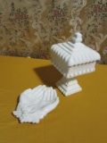 MILK GLASS COVERED DISH AND WESTMORELAND GLASS HANDS