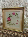 FRAMED EMBROIDERED ROSE NEEDLEWORK