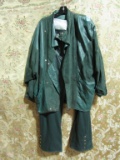 GREEN LEATHER COAT SIZE SMALL AND LEATHER SLACKS BY ST JOHNS COLLECTION SIZ