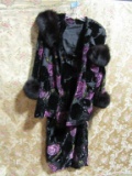 BLACK WITH PURPLE ROSES AND FUR COAT SIZE 16 WITH MATCHING SKIRT SIZE 12