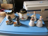 CERAMIC BELLS, SALT AND PEPPER SHAKERS, AND CREAMER WITH SUGAR