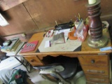 WOODEN DESK WITH ROLLABOUT CHAIR AND CONTENTS