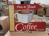 5 CASES OF LARGE RETRO HOT COFFEE ADVERTISING SIGN. 4 PIECES PER CASE