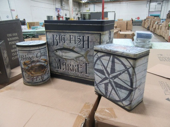 12 CASES OF ADVERTISING NAUTICAL TINS SET OF 3. 4 SETS PER CASE