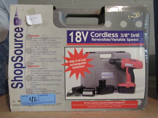 SHOP SOURCE 18 V CORDLESS 3/8 INCH DRILL