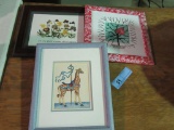 LORI J ANDERSON WATERCOLOR, FRAMED CHINESE PROVERB PRINT, AND CAROUSEL HORS