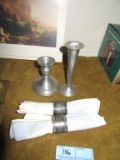 PEWTER CANDLESTICK, VASE, AND NAPKIN HOLDERS