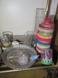GLASS TRAY, TOOTHPICK HOLDER, VASES, AND ETC