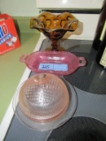 PINK GLASS COVERED BUTTER DISH. PINK BUTTER DISH AND FOOTED CANDY DISH