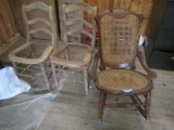 CANE SEAT ROCKER AND 2 CHAIRS. ROCKER HAS DAMAGE TO SEAT