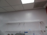 SHELVING UNIT WITH PLASTIC SHELVES. BRING TOOLS TO REMOVE FROM WALL.