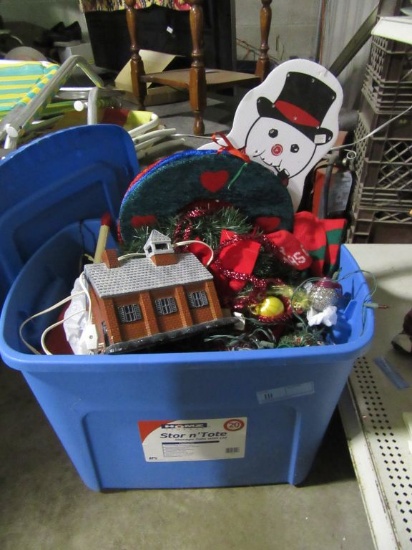 TOTE FULL OF CHRISTMAS DECORATIONS AND LIGHTS