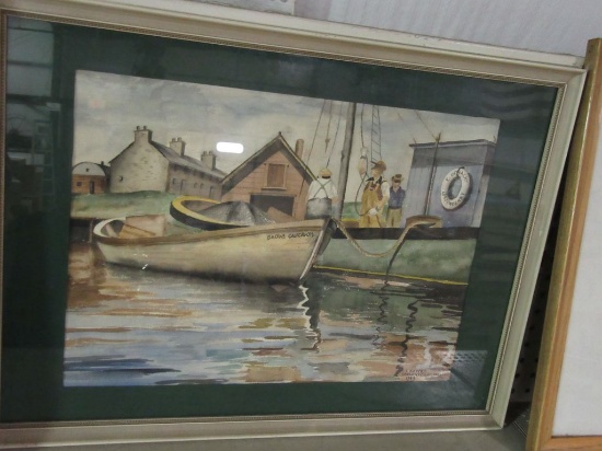 DOCKED BOAT WATERCOLOR SIGNED I. KAPPES LONDONDERRY IRELAND 1943