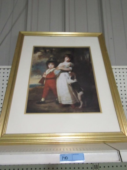 VINTAGE FRAMED CHILDREN WITH DOG PAINTING