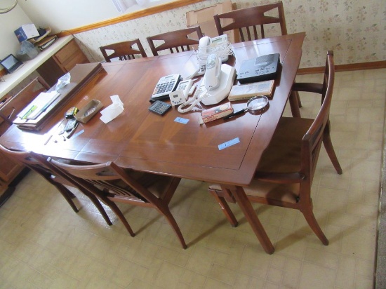 WALNUT TABLE, 7 CHAIRS, 2 EXTRA LEAVES, AND TABLE PADS