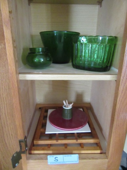 GREEN DISHES. TOOTHPICK HOLDER AND OTHER ITEMS