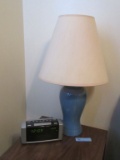 PAIR OF BLUE LAMPS AND ALARM CLOCK RADIO