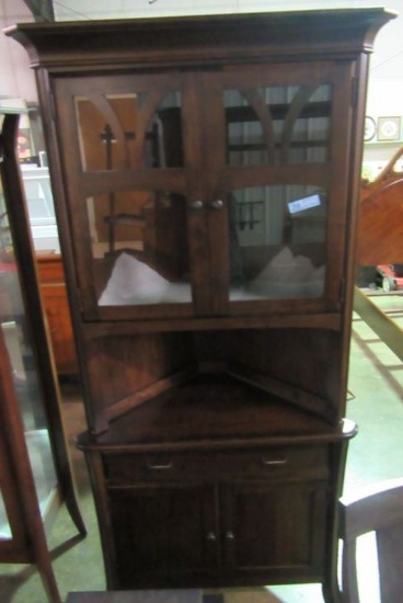 NEW BROWN MAPLE HEIRLOOM CRAFTED CORNER HUTCH. COST PRICE: $990.00