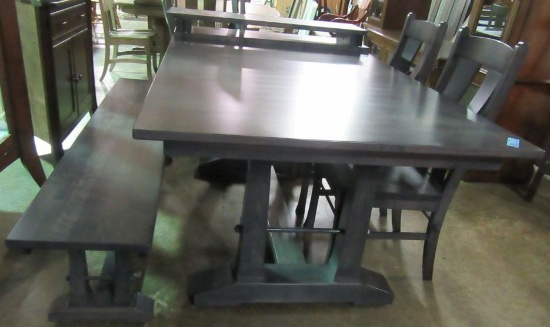 NEW GRAY WOOD DINING ROOM TABLE, 2 CHAIRS, BENCH, AND 2 LEAVES