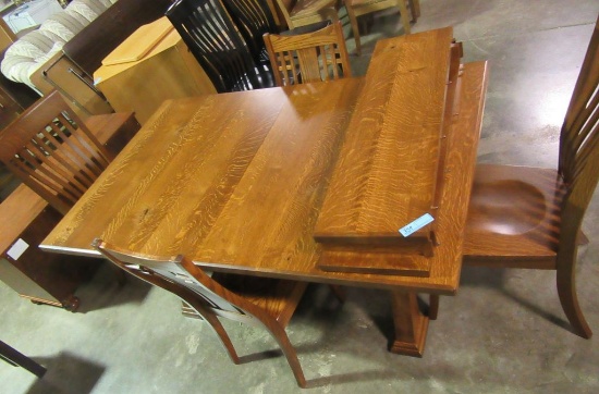 NEW OAK MISSION STYLE TABLE WITH 4 OAK CHAIRS. 2 ARE PEORIA SIDE STYLE