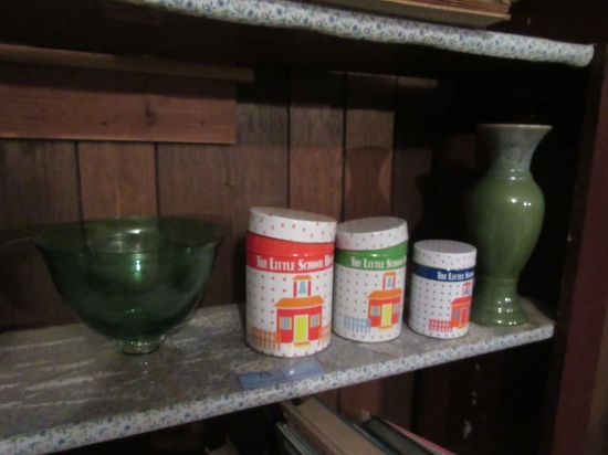 GREEN HOLIDAY DISH, THE LITTLE SCHOOLHOUSE TINS, AND GREEN VASE