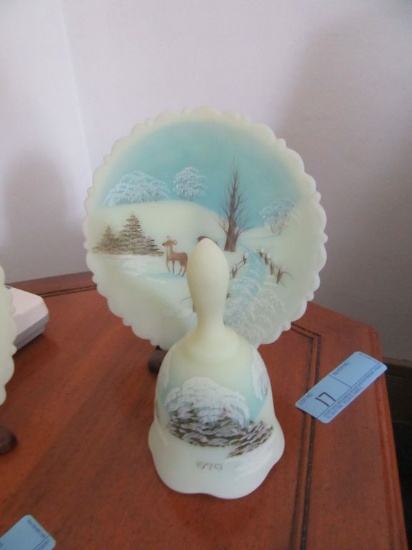 FENTON 1979 WINTER SCENE HAND PAINTED PLATE AND BELL