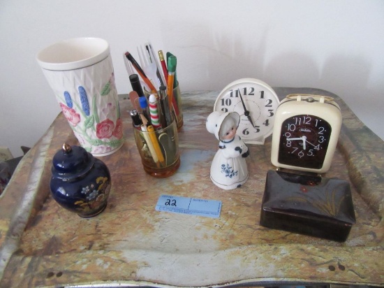 JASCO FIGURINE BELL, CLOCKS, VASE, AND ETC