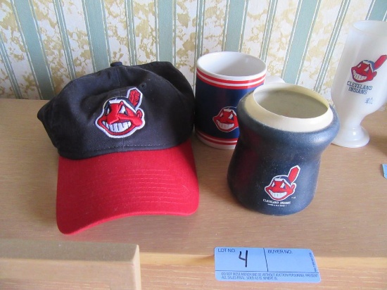 CLEVELAND INDIANS HAT, MUG, AND BEER KOOZIE