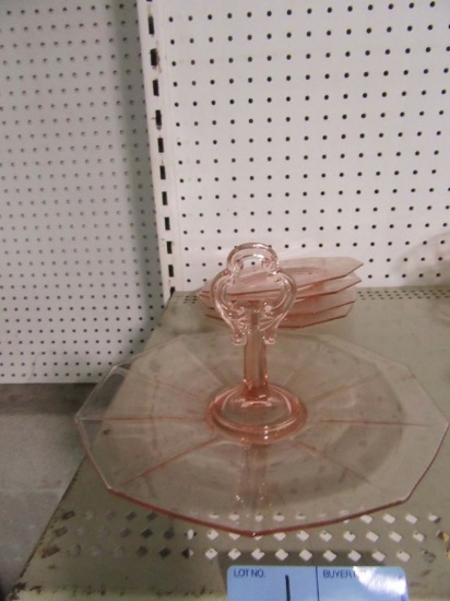 PINK GLASS SERVER AND PLATES