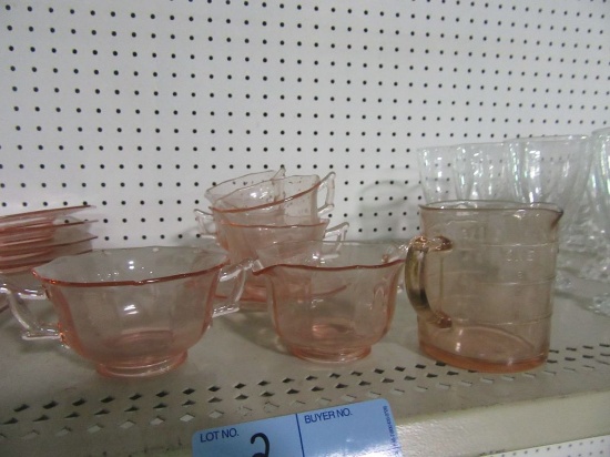PINK GLASS MEASURING CUP, CREAMER, SUGAR, TEA CUPS AND SAUCERS
