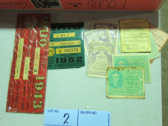 1943 AND 1952 REGISTRATION STICKERS AND MOTOR VEHICLE STAMPS