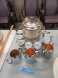 SILVERPLATE CREAMER AND SUGARS. ICE BUCKET. AND CUPS WITH PORCELAIN INSERTS