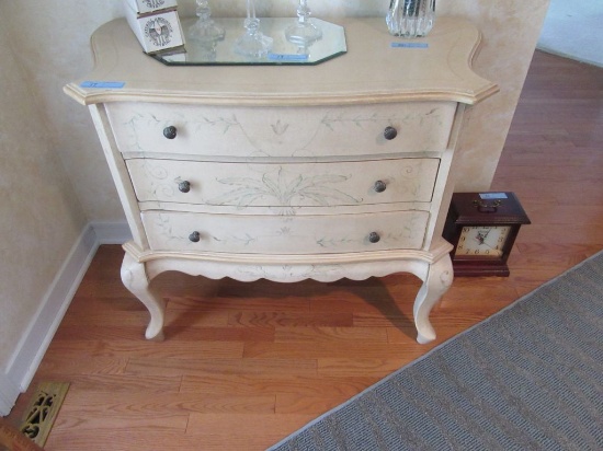 TAN AND BEIGE WOODEN WALL CHEST/SERVER WITH BLUE AND BROWN ARTISTIC PATTERN