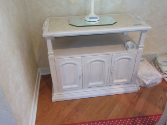 WHITE WASHED DINING ROOM SERVER WITH MARBLE STYLE TOP