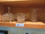 CUT GLASS TWO HANDLE DISH, PITCHER, AND COVERED SQUARE DISH