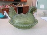 GREEN GLASS HEN ON NEST COVERED DISH