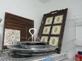 WOODEN TRAY TABLE WITH TILE TOP AND METAL & GLASS SERVING TRAYS