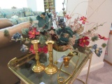 FLORAL ARRANGEMENT WITH BRASS CANDLESTICK HOLDERS